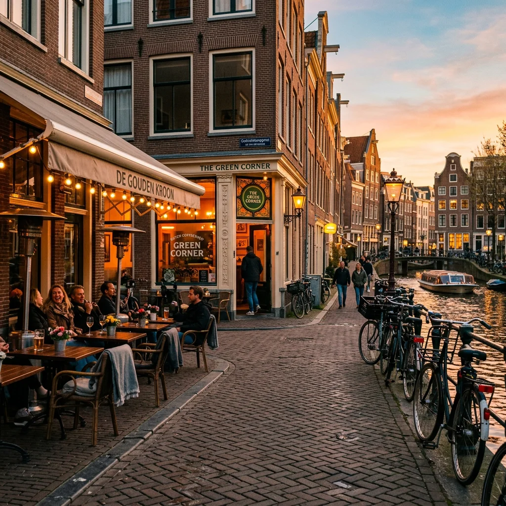 Cozy Amsterdam street corner with a café and a coffeeshop entrance