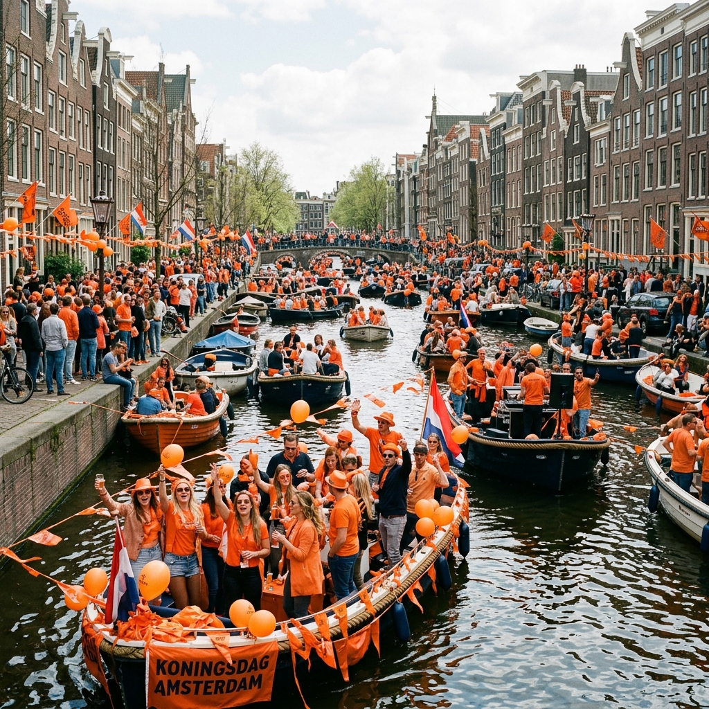 Boats on Amsterdam canals during King's Day 2026